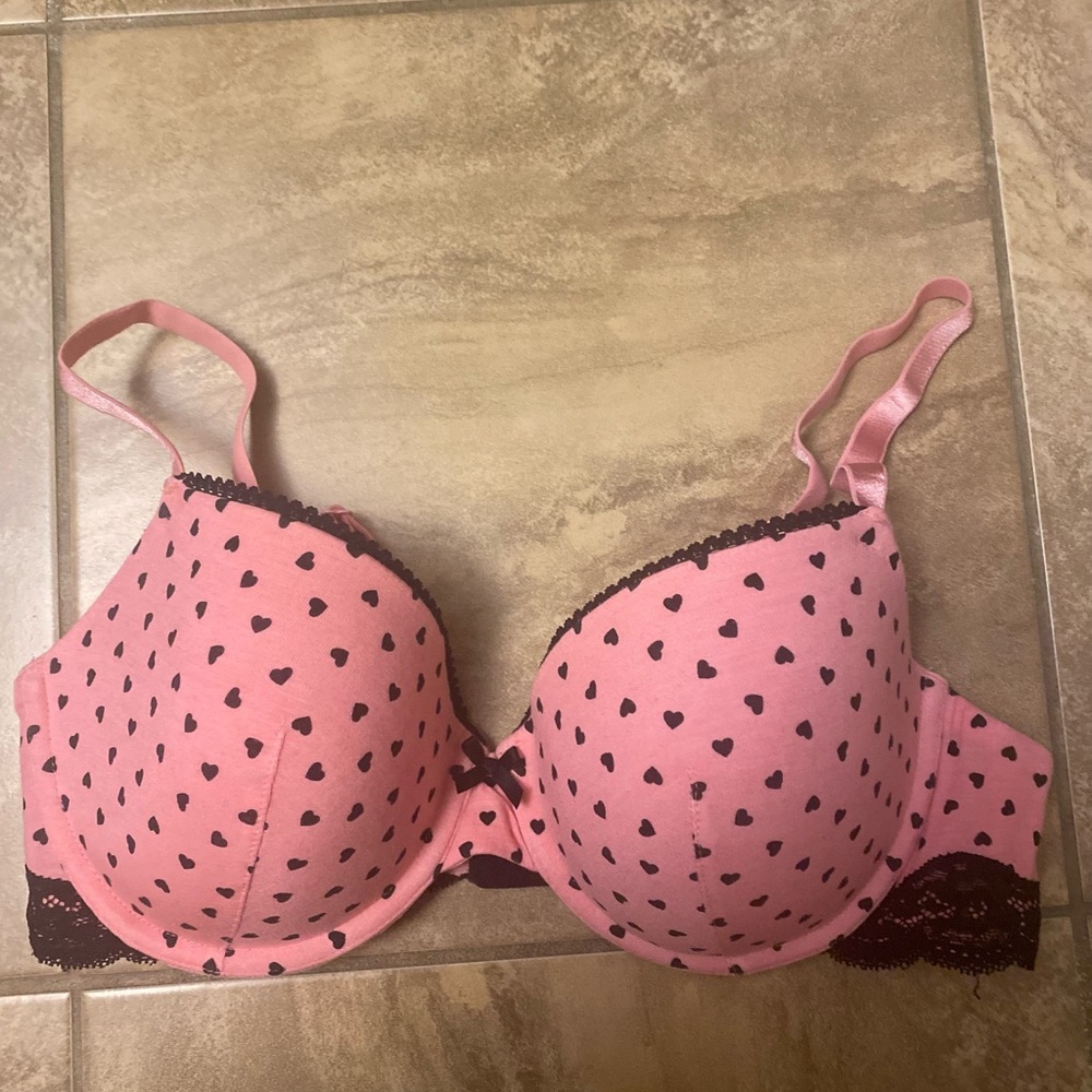 La Vi En Rose Pink and Black Heart Polka Dot Bra